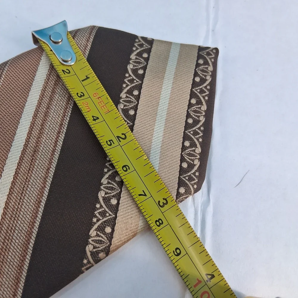 Beau Brummell Necktie Mens Brown Tan Striped Vintage Geometric Embroidered Tie